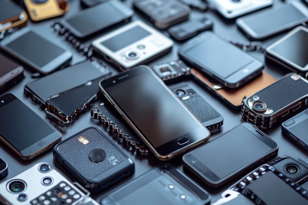 An assortment of smartphones and digital devices showcases their designs and features on a flat surface.の写真素材
