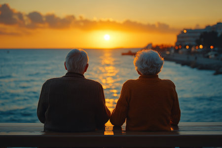 An elderly couple sits hand in hand, enjoying the beautiful sunset by the ocean as the day ends.の写真素材
