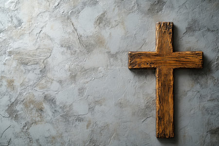 A rustic wooden cross is placed on a textured gray wall, creating a peaceful atmosphere.の写真素材