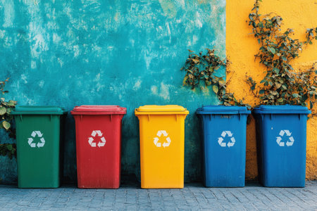 Five recycling bins in various colors stand against a bright, textured wall adorned with green foliage.の素材