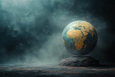 A globe highlighting Africa rests on a rocky surface surrounded by misty ambiance.の写真素材