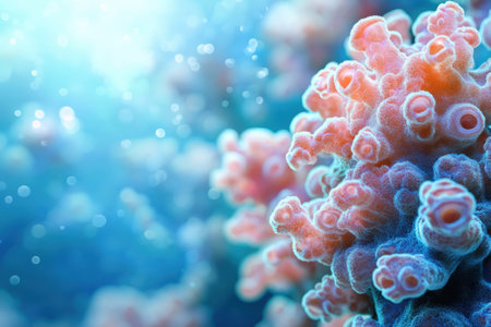 Colorful coral formations flourish underwater, showing diverse marine life in a lively ecosystem.の写真素材