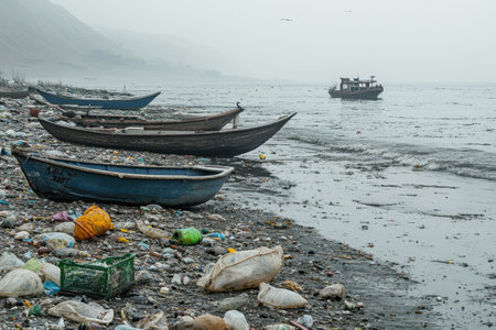 Multiple small boats rest on a littered beach as a larger fishing boat sails away in the distance.の写真素材