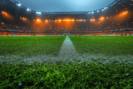 Raindrops fall on the lush green soccer field as the stadium lights illuminate the scene at night.の写真素材
