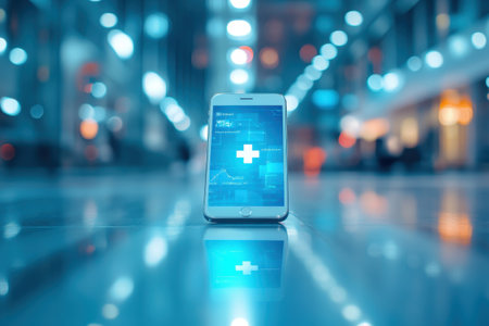 A smartphone stands on a reflective surface, showing health information illuminated in a vibrant setting.の写真素材