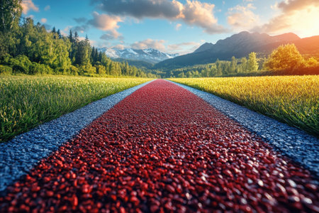 A vibrant red running track leads through green fields with mountains in the background at sunset.の写真素材