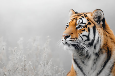 The tiger poses in a serene, foggy environment, showing its striking features and intense gaze.の写真素材