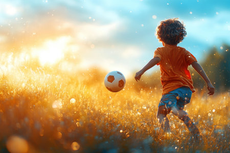 A boy in an orange shirt joyfully plays with a soccer ball in a grassy field at sunset.の写真素材