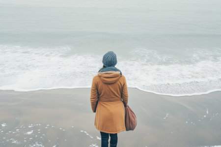 A person stands alone on a sandy beach, admiring the rolling waves under a cloudy sky.の写真素材