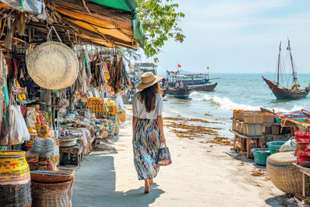 Visitor strolls through a lively market by the beach, surrounded by colorful crafts and fishing boats.の写真素材