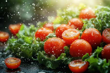 Delicious cherry tomatoes and crisp lettuce glisten with water droplets in warm sunlight.の写真素材