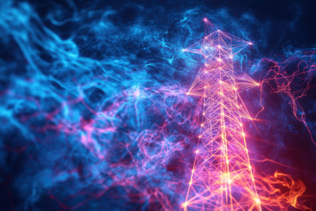 A striking portrayal of an electrical tower illuminated by colorful, swirling light effects against a dark backdrop.の写真素材