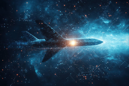A digital airplane glides through a vibrant cosmic background, showing bright stars and deep blue hues.の写真素材