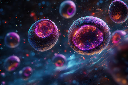 Colorful cells float in a dark space, displaying vibrant hues and complex structures under cosmic light.の写真素材