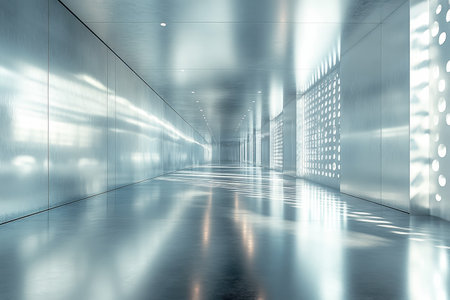 The corridor features reflective surfaces and dramatic light patterns, creating a serene atmosphere.の写真素材