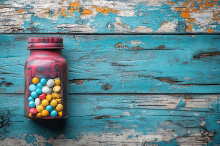A vintage jar containing vibrant candies rests on a rustic teal wooden table.の写真素材