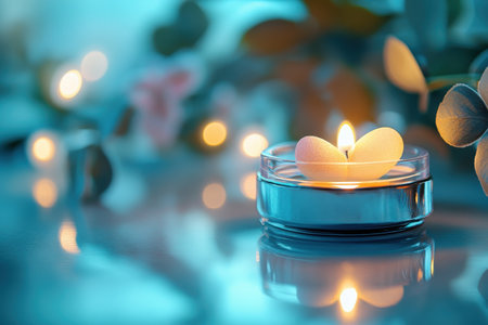 A delicate heart-shaped candle illuminates a calm atmosphere surrounded by lush green plants.の写真素材