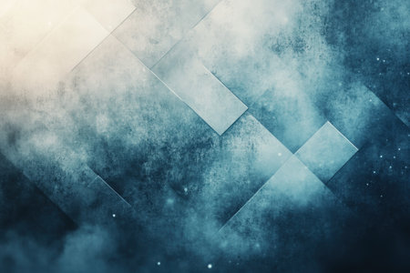 A digital abstract artwork featuring geometric shapes in gray and blue with a misty atmosphere.の写真素材