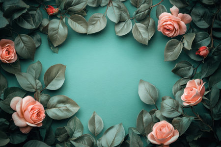 Delicate pink roses are arranged with lush green leaves, forming a natural border against a calming turquoise backdrop.の写真素材