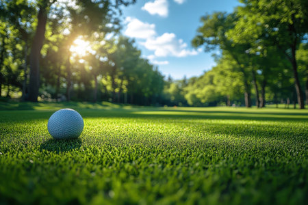 A golf ball rests on the vibrant grass with morning sunlight filtering through the trees.の写真素材