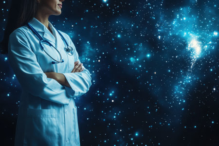 A healthcare professional in a white coat gazes thoughtfully at a vibrant starry sky, pondering the universe.の写真素材