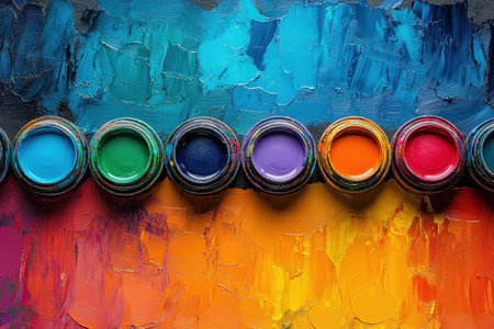 A row of paint jars displays a spectrum of colors against a bright, textured background, inspiring creativity.の写真素材