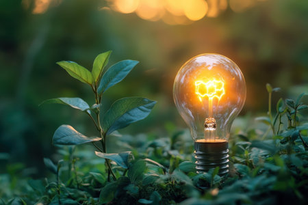 A light bulb illuminates the forest floor, surrounded by vibrant green plants as daylight fades.の写真素材