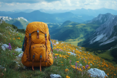 A vibrant orange backpack sits surrounded by colorful wildflowers in a tranquil mountain scene.の写真素材