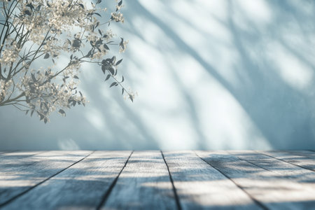 A wooden surface bathed in sunlight features delicate flowers casting soft shadows in a peaceful environment.の写真素材