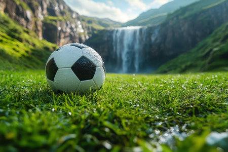A soccer ball sits on vibrant grass near a breathtaking waterfall and green hills under a clear sky.の写真素材