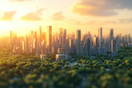 The sun sets behind a modern city skyline, illuminating towering buildings above lush greenery.の写真素材