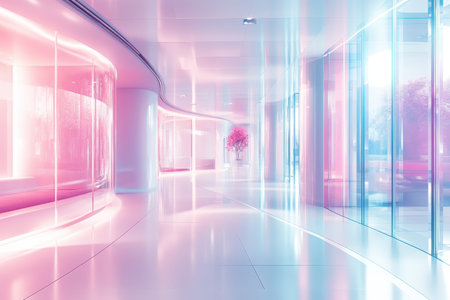 A corridor showcases sleek design with pink and blue lighting, creating a vibrant atmosphere throughout.の写真素材