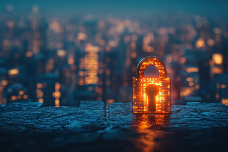 An illuminated lock stands out in focus with a blurred city at dusk, symbolizing security and protection.の写真素材