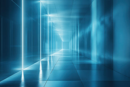 A futuristic corridor features glowing blue lighting and shiny reflective surfaces, enhancing the ambiance.の写真素材