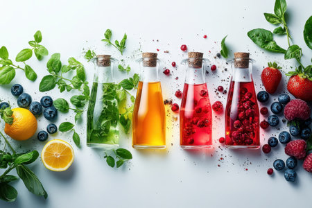 Four bottles of infused beverages are surrounded by vibrant fruits and fresh herbs on a clean surface.の写真素材