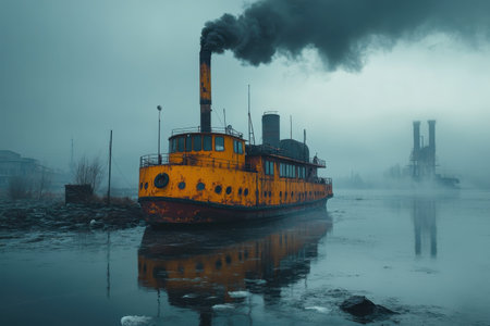 A lonely steamboat rests on still waters, shrouded in fog, with smoke rising from its chimney.の写真素材