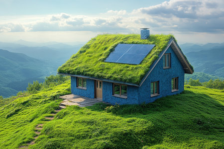 A blue house sits on a lush green hillside, featuring a vibrant grassy roof and solar panels under a sunny sky.の写真素材