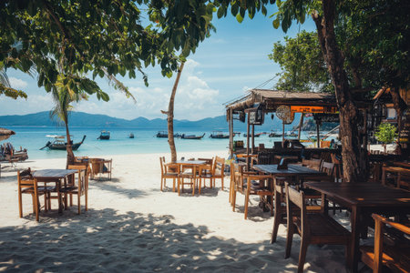Relaxing seaside setting features wooden tables under trees with boats anchored in clear water.の写真素材