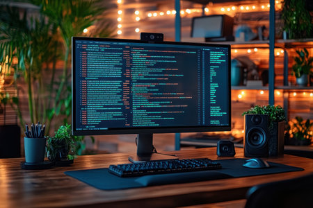 A sleek desk setup showcases a bright computer screen filled with code, plants, and speakers in a cozy workspace.の写真素材