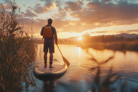 Paddleboarder enjoys a tranquil evening as the sun sets over a calm river with vibrant colors and reflections.の写真素材