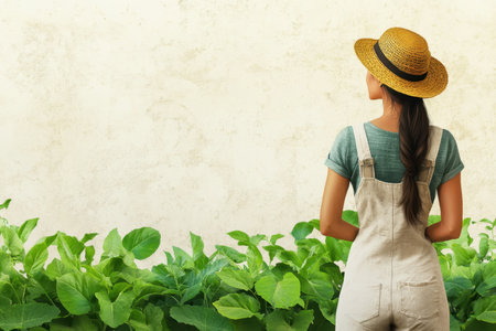 A woman stands among thriving greenery, focused on her gardening tasks under the bright sun.の写真素材
