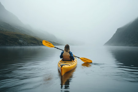 A person in a yellow kayak paddles quietly across calm, mist-covered waters between towering mountain slopes.の写真素材