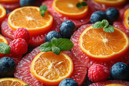 A colorful arrangement of citrus slices with berries and mint adds a refreshing touch to any meal.の写真素材
