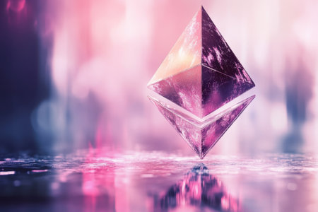 A stunning geometric shape floats above a reflective surface, surrounded by colorful, blurred lights.の写真素材