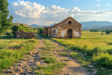 An old, weathered farmhouse sits peacefully in a green landscape, with mountains in the background and a clear sky.の写真素材