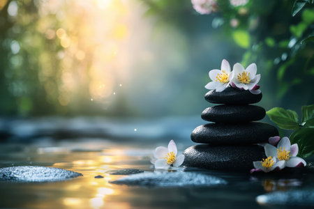 A balanced stack of smooth stones topped with delicate flowers sits by calm water reflecting soft light.の写真素材