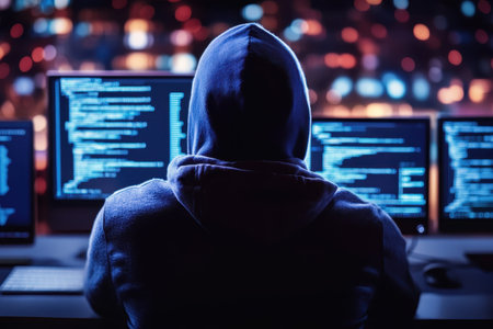 Individual in a hoodie is focused on programming tasks displayed on several monitors in low light.の素材