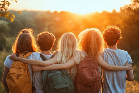 A group of friends stands together, embracing each other while watching a stunning sunset.の写真素材