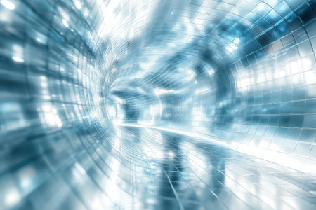 A mesmerizing tunnel illuminated by blue light creates an ethereal atmosphere as it stretches into the distance.の写真素材