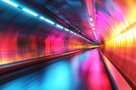 A mesmerizing tunnel filled with colorful lights creates a dynamic atmosphere for onlookers.の写真素材